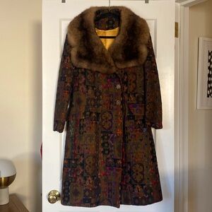 Vintage 1960s Tapestry Coat with Real Fur Collar, Size Small